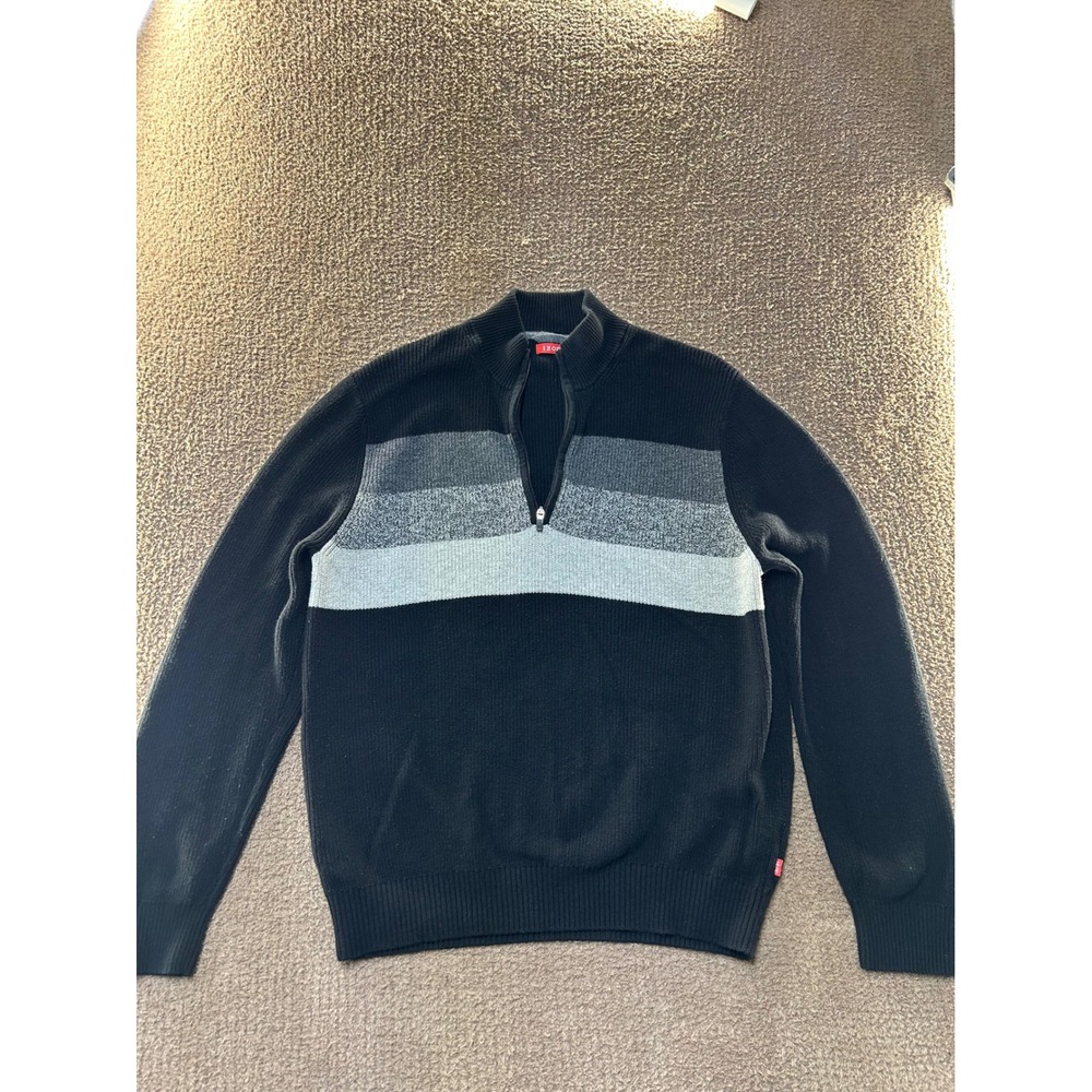 IZOD Mens XL Quarter Zip Sweater Black Grey Striped Cotton Ribbed Knit Pullover